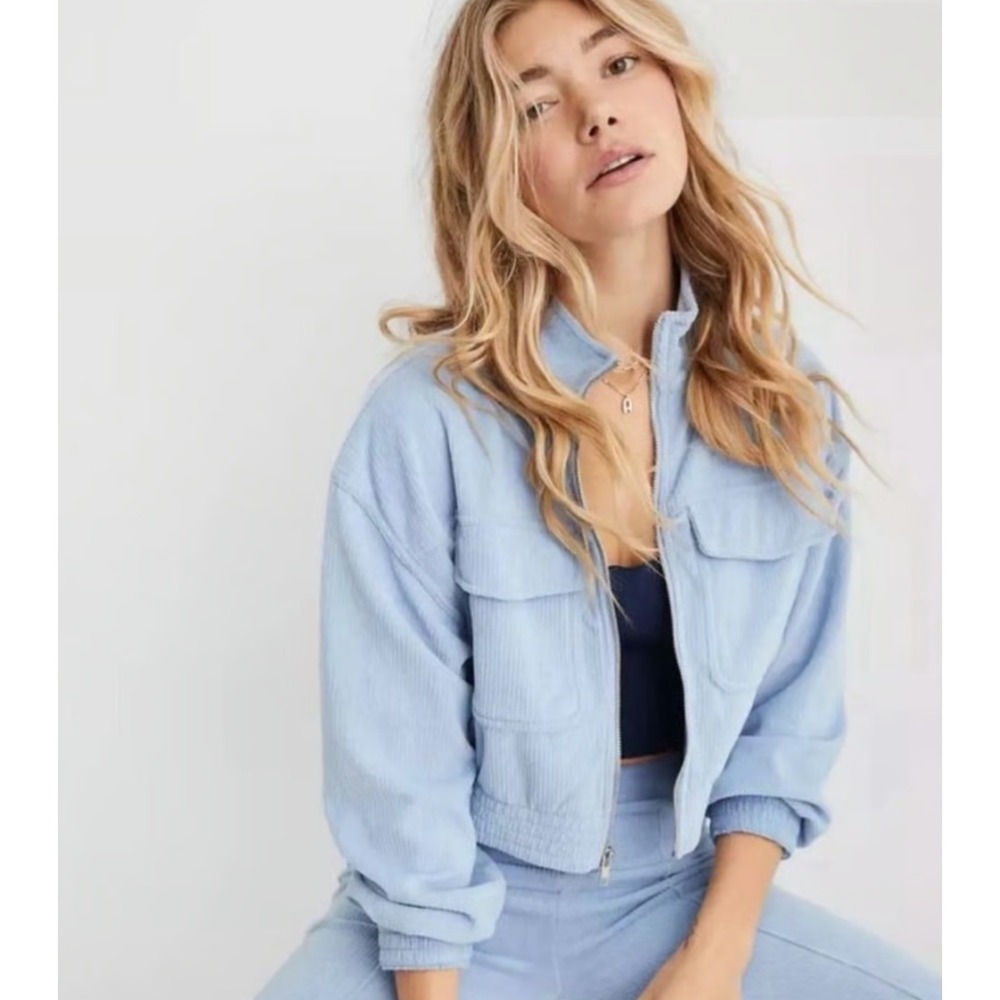 Aerie Groove-On Velour Crop Jacket Monaco Blue Casual Cozy Soft Girl Size Small